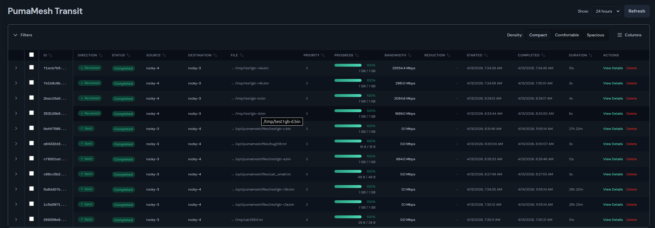 PumaMesh Transit view showing per-transfer bandwidth, file size, duration, and direction